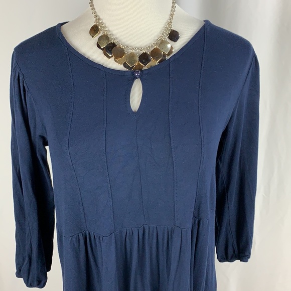 Navy 3/4 Sleeve Scoop Neck Pleated Front Dress - Picture 2 of 7